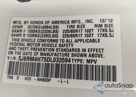 2013 Honda Cr-V Ex-L из США, поврежденный, VIN 5J6RM4H75DL033594